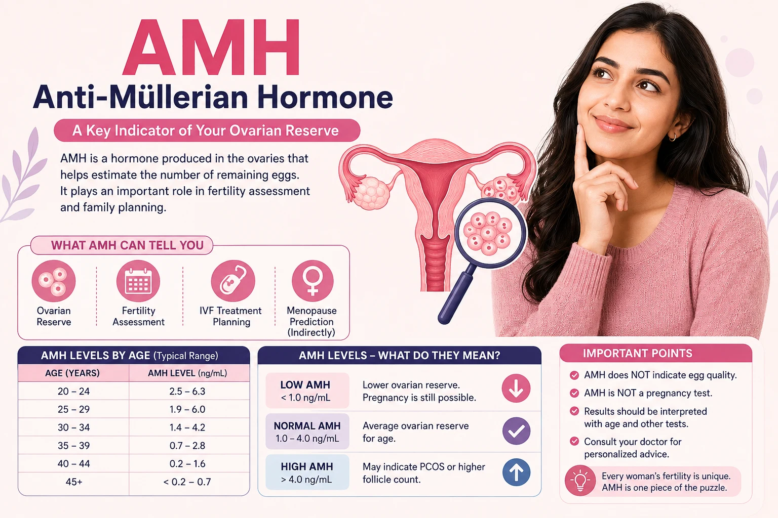 Infographic showing typical AMH levels by age group from 20 to 45 plus, along with what low, normal, and high AMH generally indicate