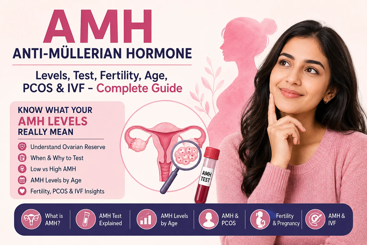 Woman thinking about her AMH test results, with an illustration of the ovaries and an AMH blood test vial