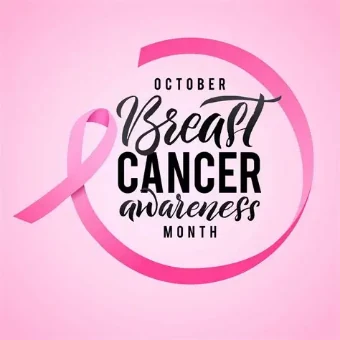 October Breast Cancer Awareness Month badge with a pink ribbon