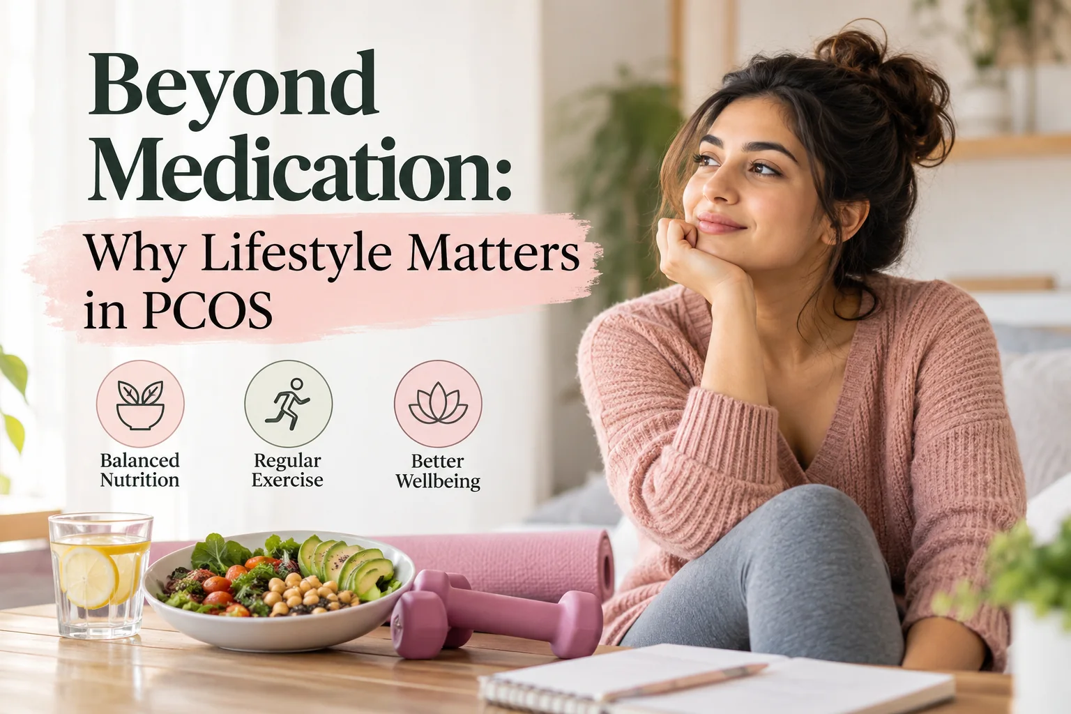 Woman resting her chin on her hand beside a healthy salad bowl, dumbbells and a yoga mat, with icons for balanced nutrition, regular exercise and better wellbeing