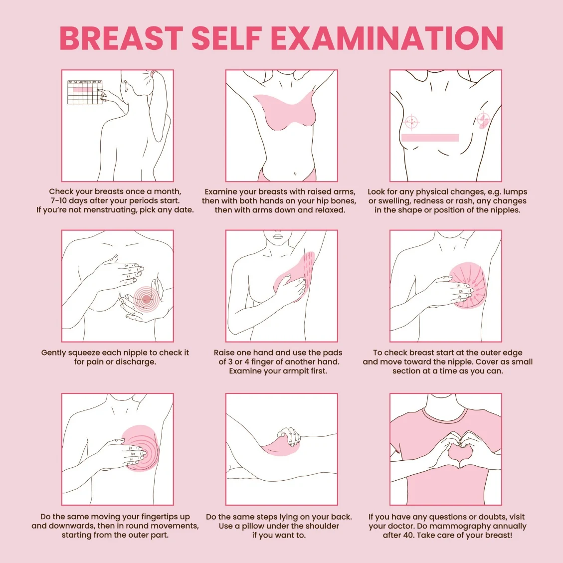 Nine-step infographic explaining how to do a breast self-examination, including timing, looking in a mirror, checking the armpit, circular finger movements and lying down