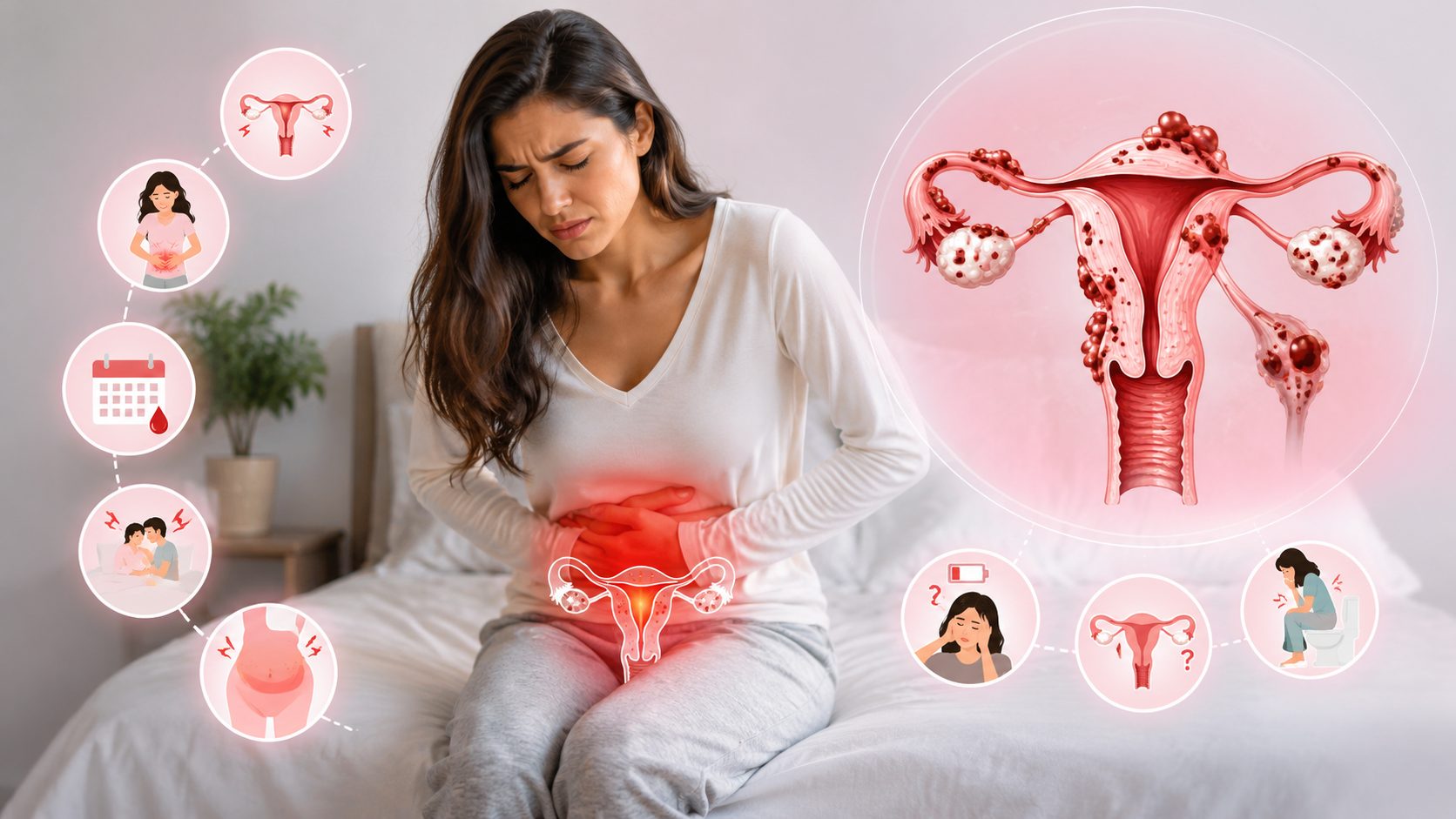 Woman sitting on a bed holding her lower stomach in pain, surrounded by icons for endometriosis symptoms and an illustration of the reproductive organs affected by endometriosis
