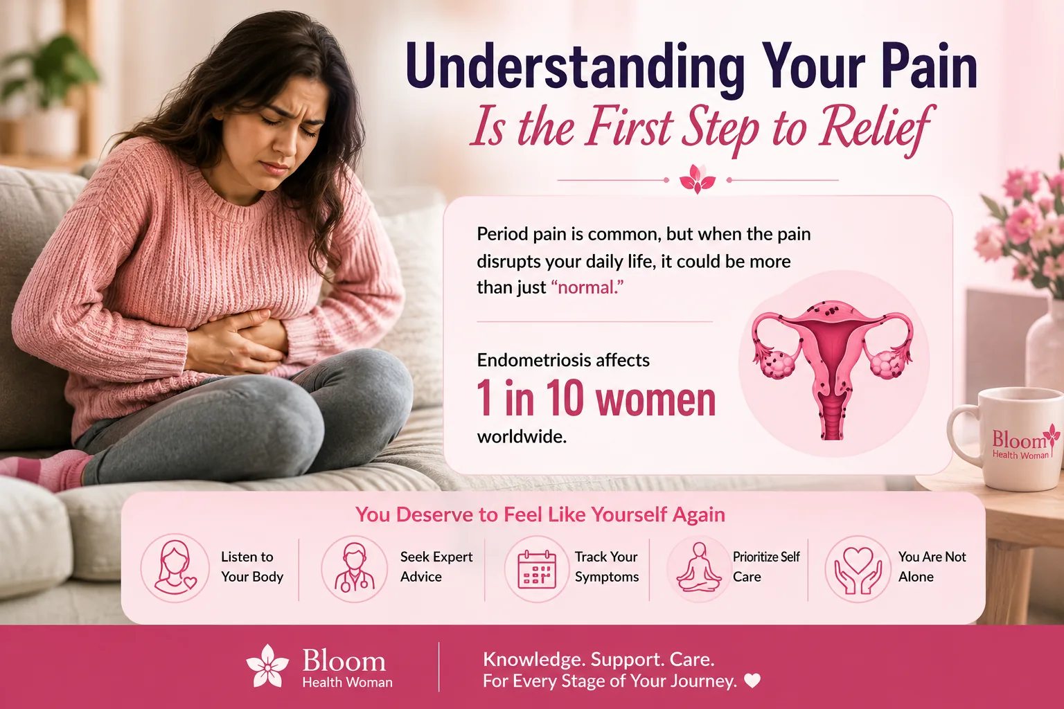 Woman sitting on a couch holding her stomach in discomfort, illustrating the importance of understanding period pain
