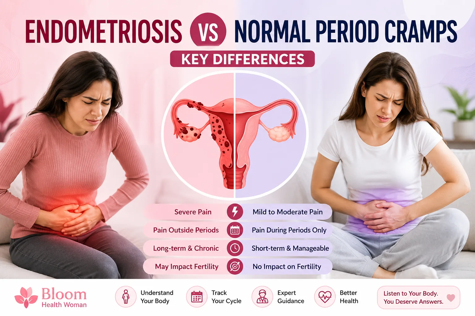 Split comparison of a woman with severe endometriosis pain and a woman with milder normal period cramps, with a diagram of the uterus
