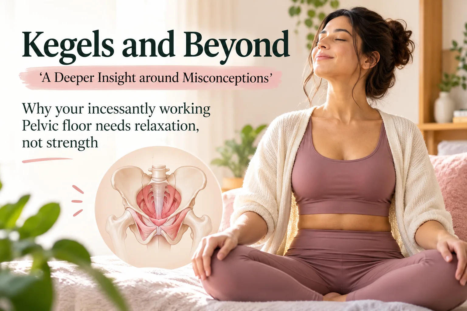 Woman sitting cross-legged with her eyes closed, breathing calmly beside an illustration of the pelvic floor muscles