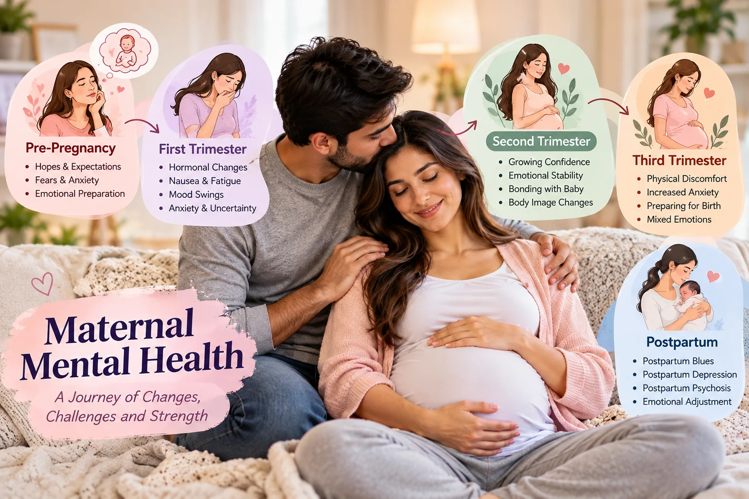 Infographic of maternal mental health across pregnancy: pre-pregnancy, first, second and third trimester, and postpartum, with a couple embracing on a sofa