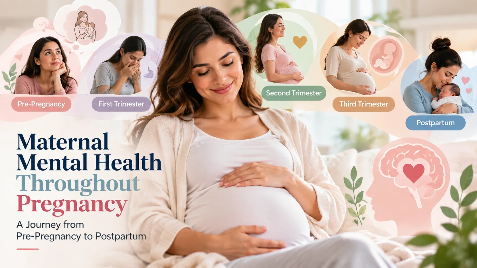 Pregnant woman smiling with her hands on her belly, surrounded by illustrations of pregnancy stages and maternal mental health