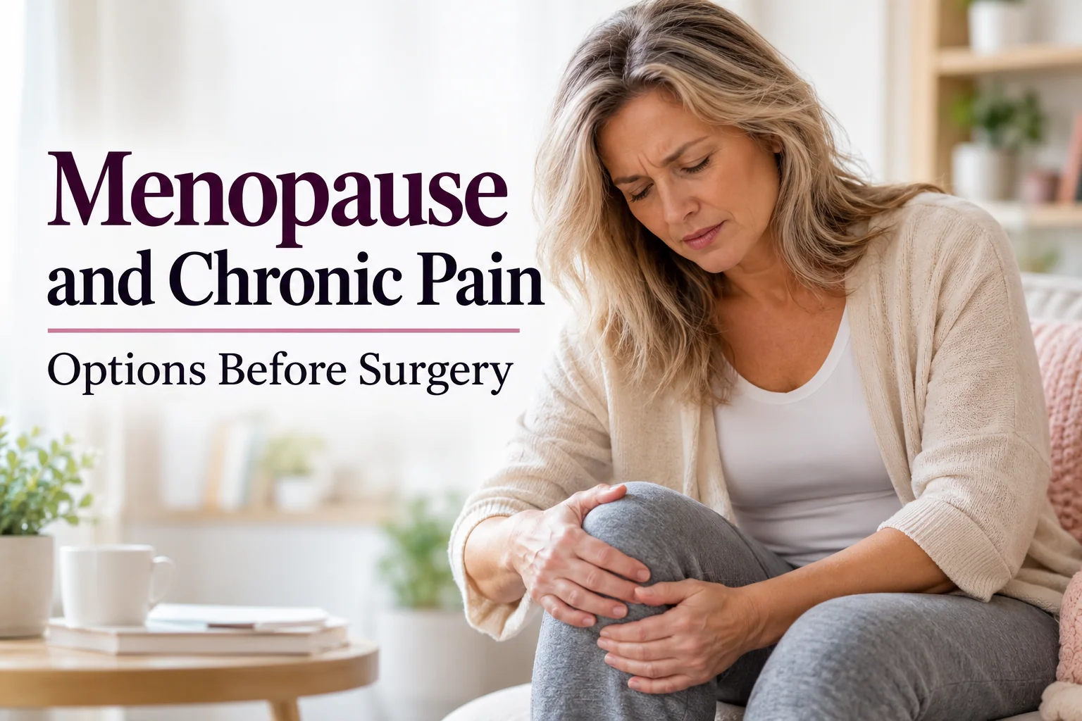 Middle-aged woman sitting on a sofa holding her painful knee, beside the title Menopause and Chronic Pain: Options Before Surgery