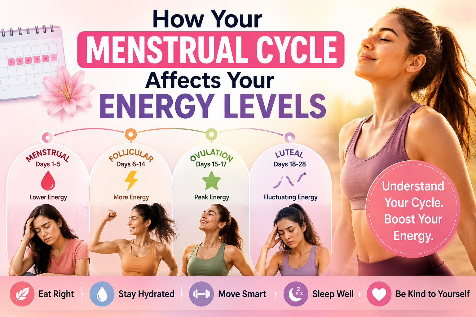 How your menstrual cycle affects your energy levels infographic showing menstrual, follicular, ovulation, and luteal phases with energy level icons