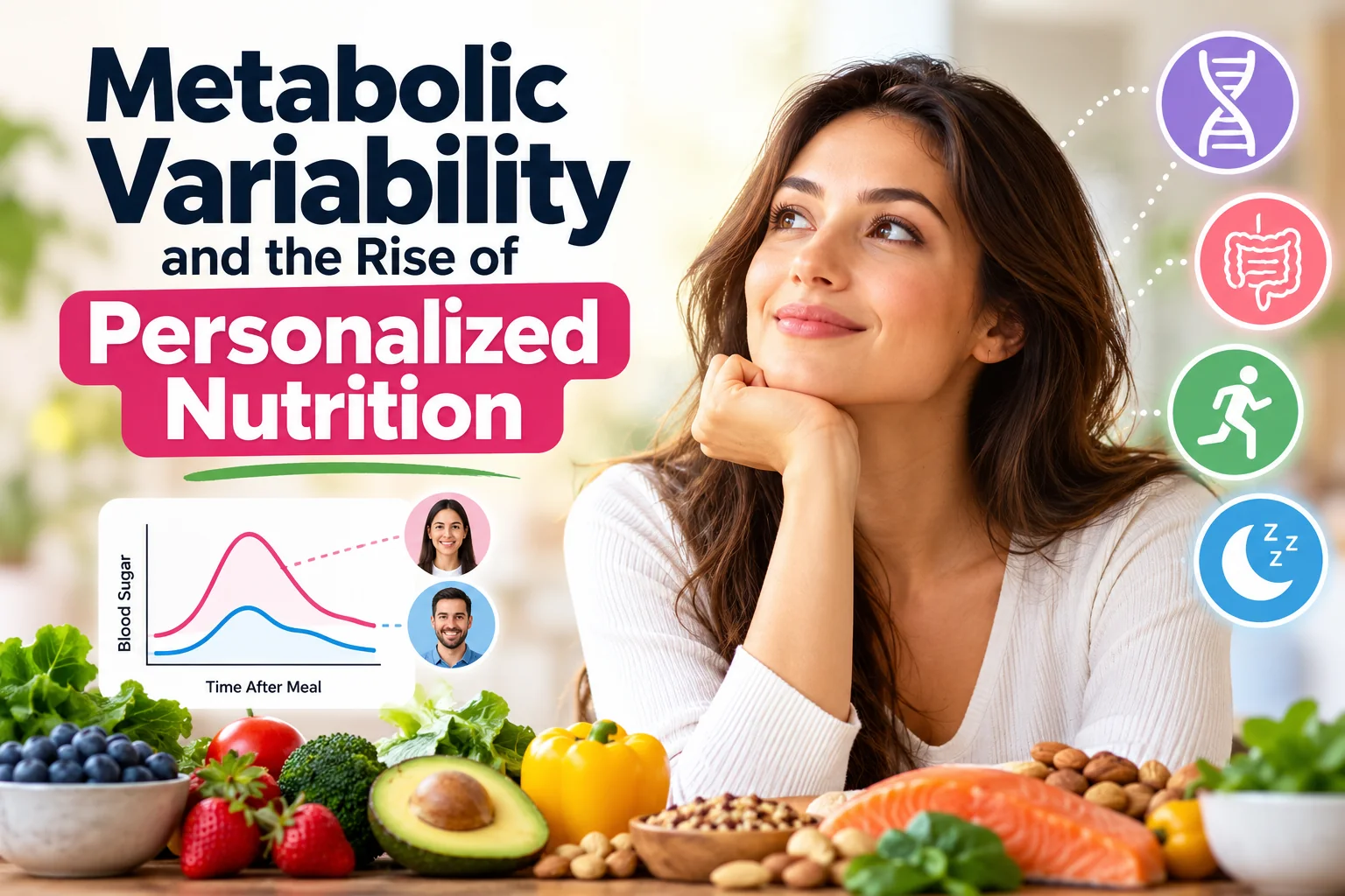 Smiling woman resting her chin on her hand surrounded by fresh vegetables, salmon, berries and nuts, with icons for genetics, gut health, physical activity and sleep, under the title Metabolic Variability and the Rise of Personalized Nutrition