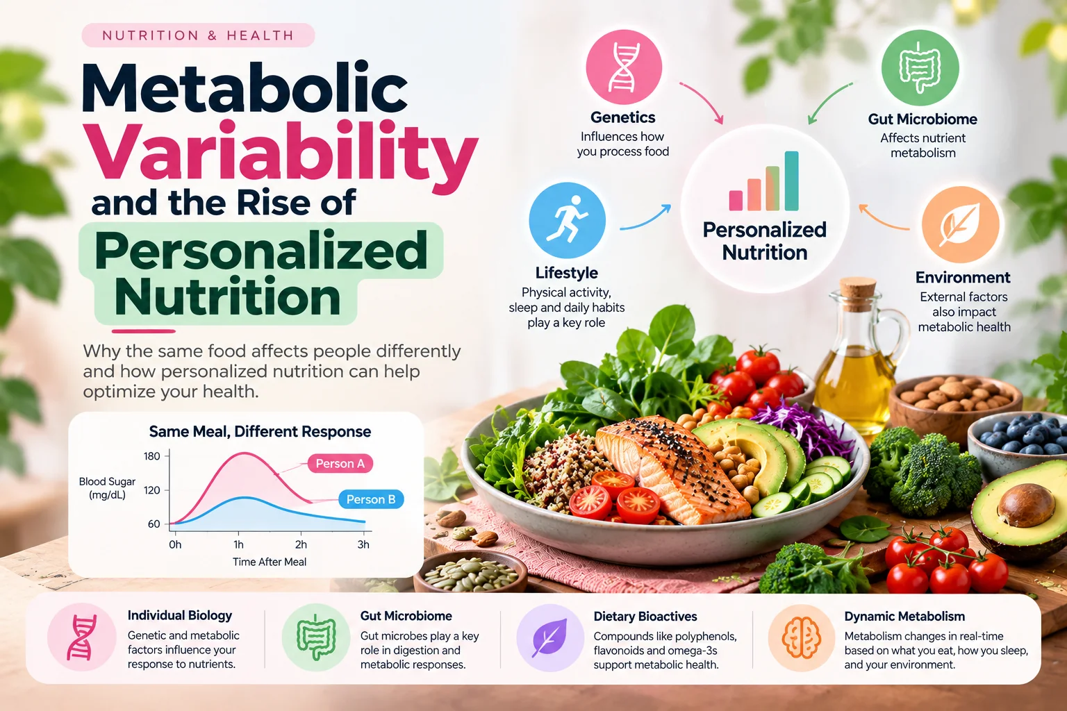 Infographic titled Metabolic Variability and the Rise of Personalized Nutrition showing genetics, gut microbiome, lifestyle and environment feeding into personalized nutrition, with an illustrative chart of two people having different blood sugar responses to the same meal