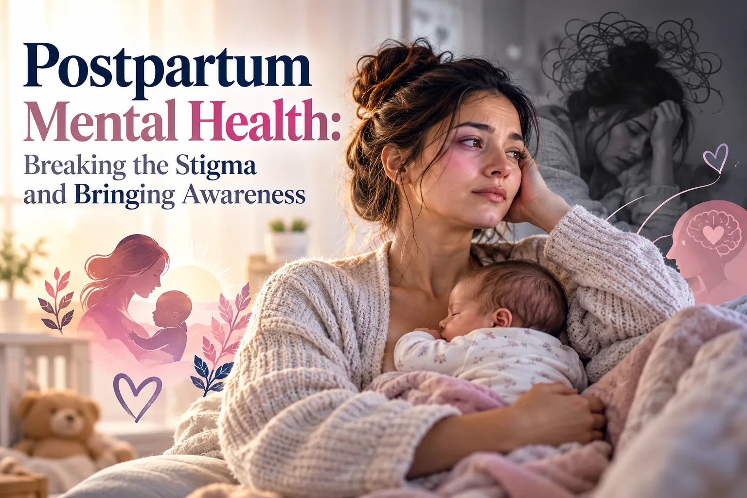 New mother resting her head on her hand while holding her sleeping newborn, with illustrations representing postpartum mental health