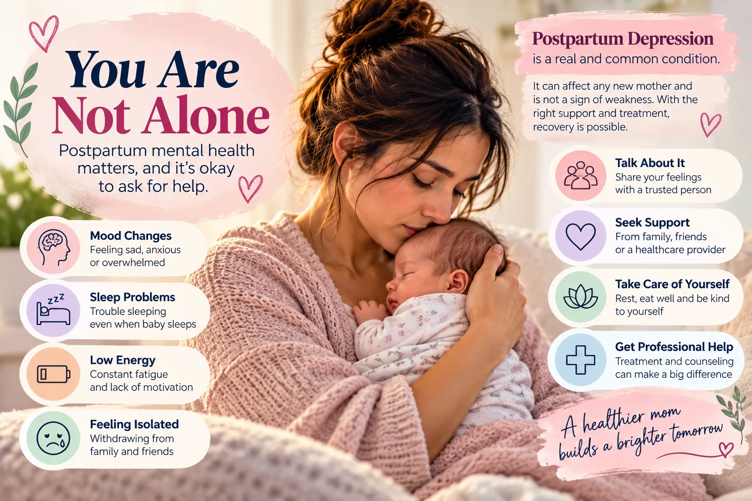 Infographic titled You Are Not Alone showing common signs of postpartum depression such as mood changes, sleep problems, low energy and feeling isolated, and steps like talking about it, seeking support, self-care and professional help