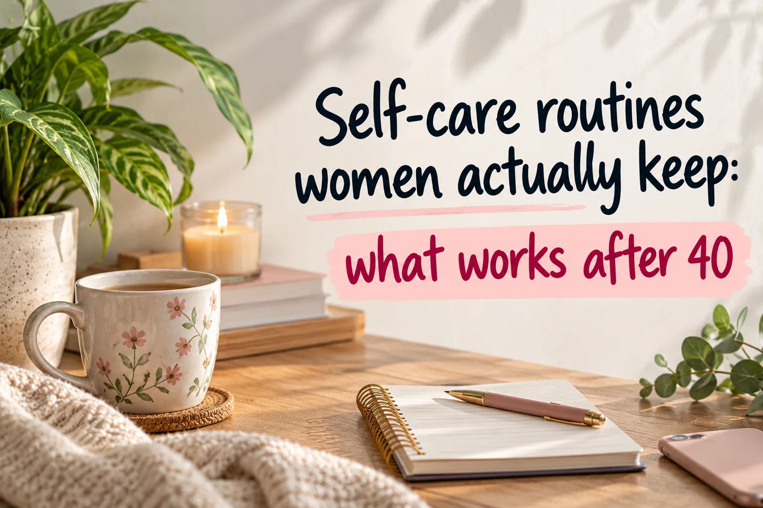 Cozy desk with a floral mug of tea, a lit candle, a houseplant, a notebook and pen, under the title Self-care routines women actually keep: what works after 40