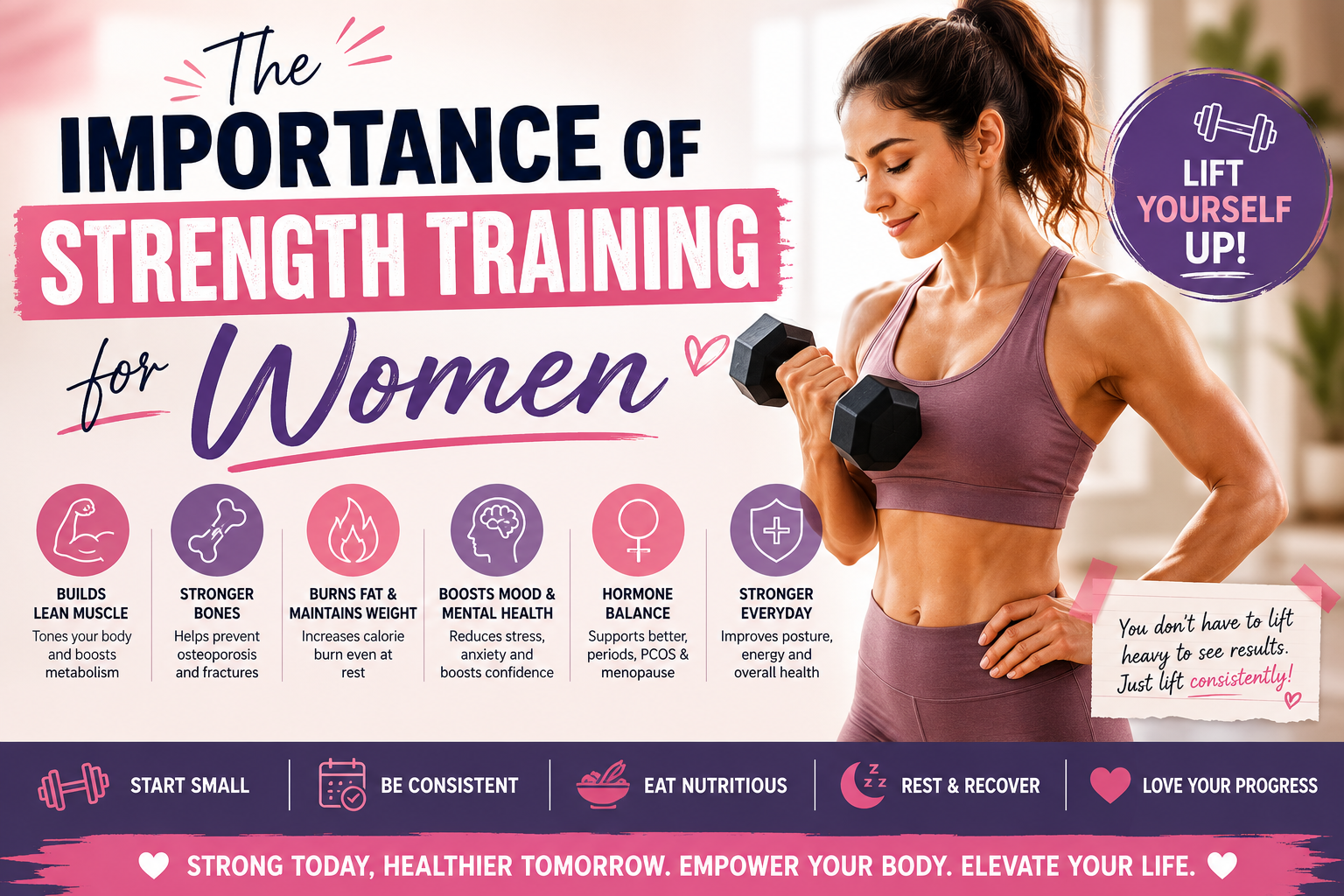 The importance of strength training for women infographic showing lean muscle, bone health, fat burning, mood, hormone balance, and everyday strength benefits
