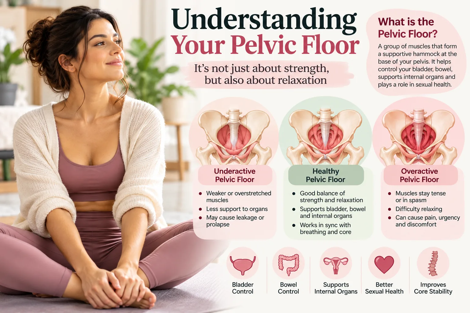 Infographic titled Understanding Your Pelvic Floor comparing an underactive, a healthy, and an overactive pelvic floor, and showing its roles in bladder control, bowel control, organ support, sexual health, and core stability