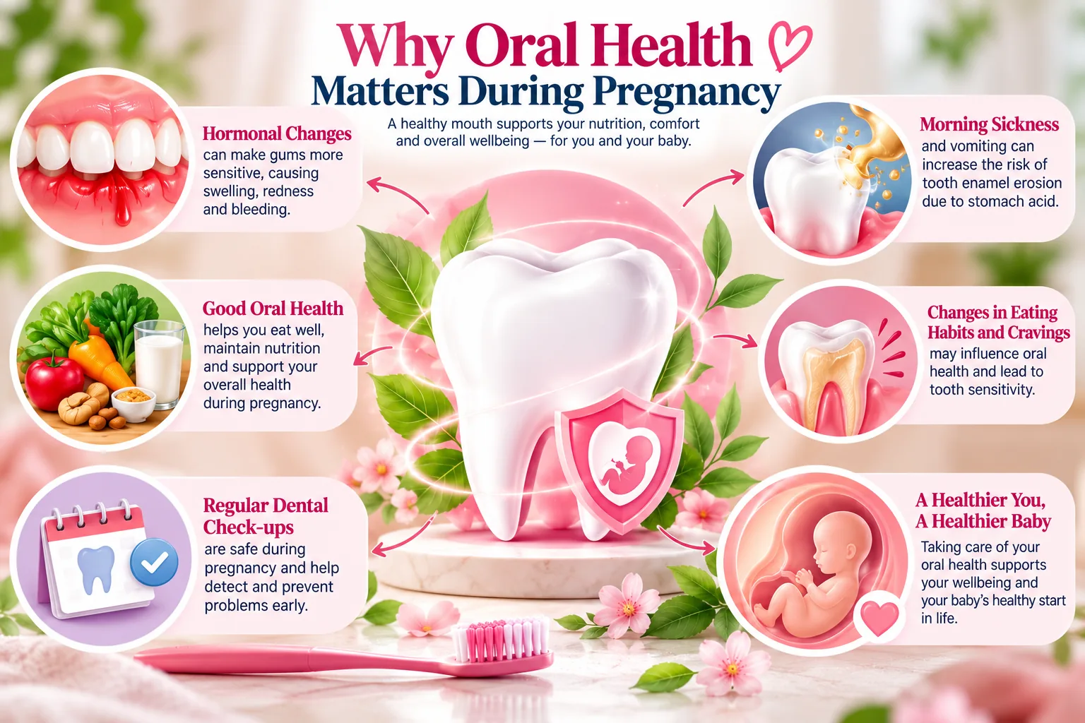 Infographic titled Why Oral Health Matters During Pregnancy showing hormonal changes affecting the gums, morning sickness and enamel erosion, eating habits and tooth sensitivity, safe regular dental check-ups, good nutrition and a healthier mother and baby