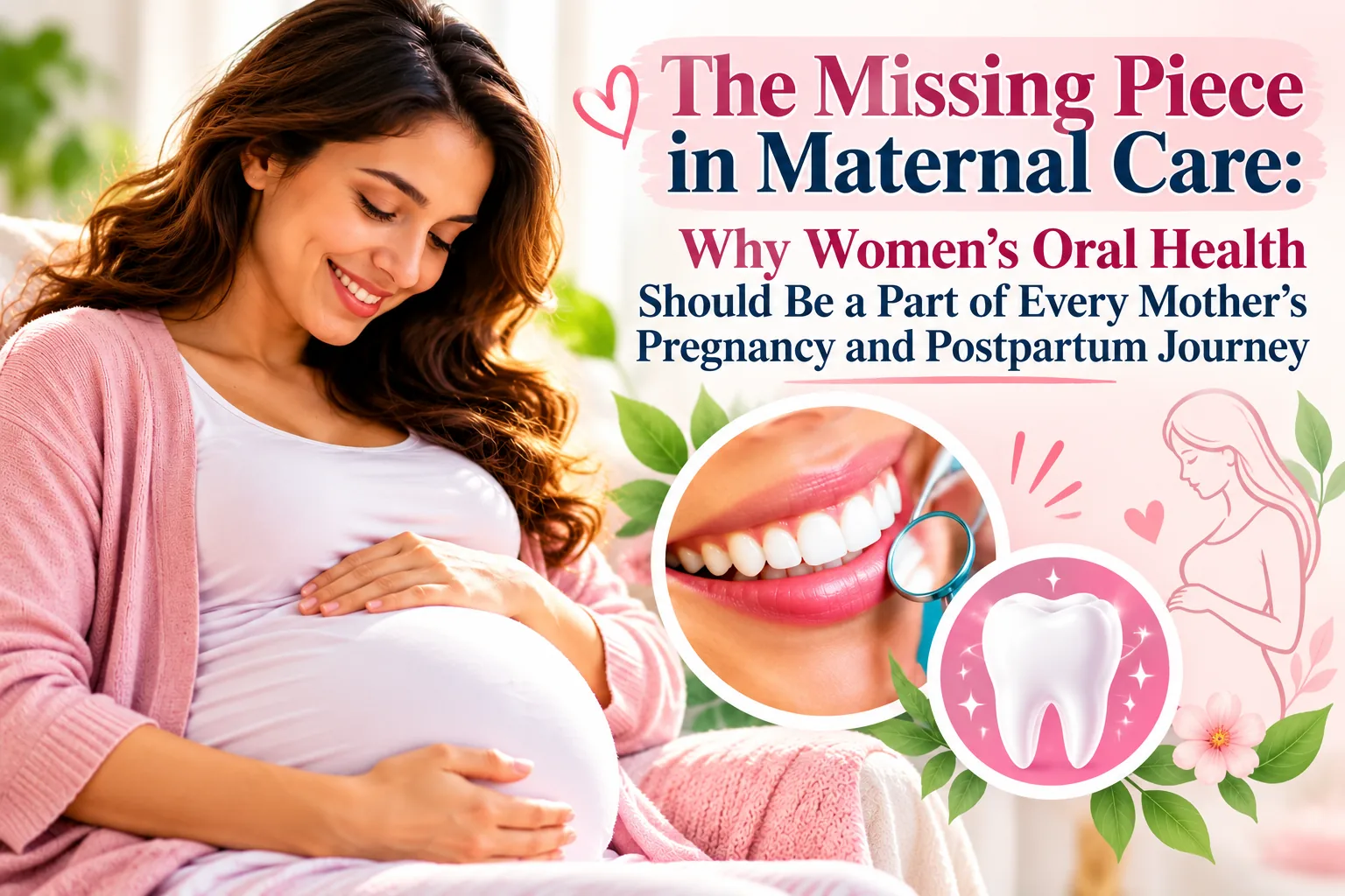 Smiling pregnant woman in a pink cardigan holding her belly beside a smile and tooth illustration, under the title The Missing Piece in Maternal Care
